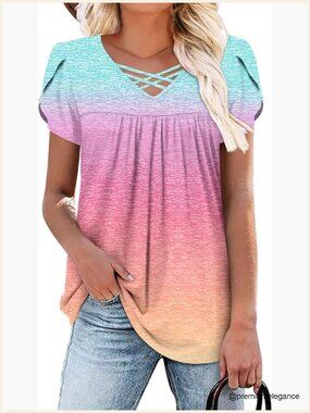 V Neck Short Sleeve Tunic Top Flowy Loose Fit Blouse